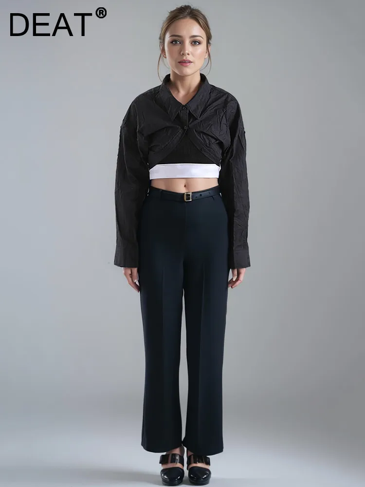 

DEAT Fashion Women's Shirt Lapel Single Breasted Short Pullover Midriff-baring Waist Retraction Blouse Summer 2024 New CPDB010