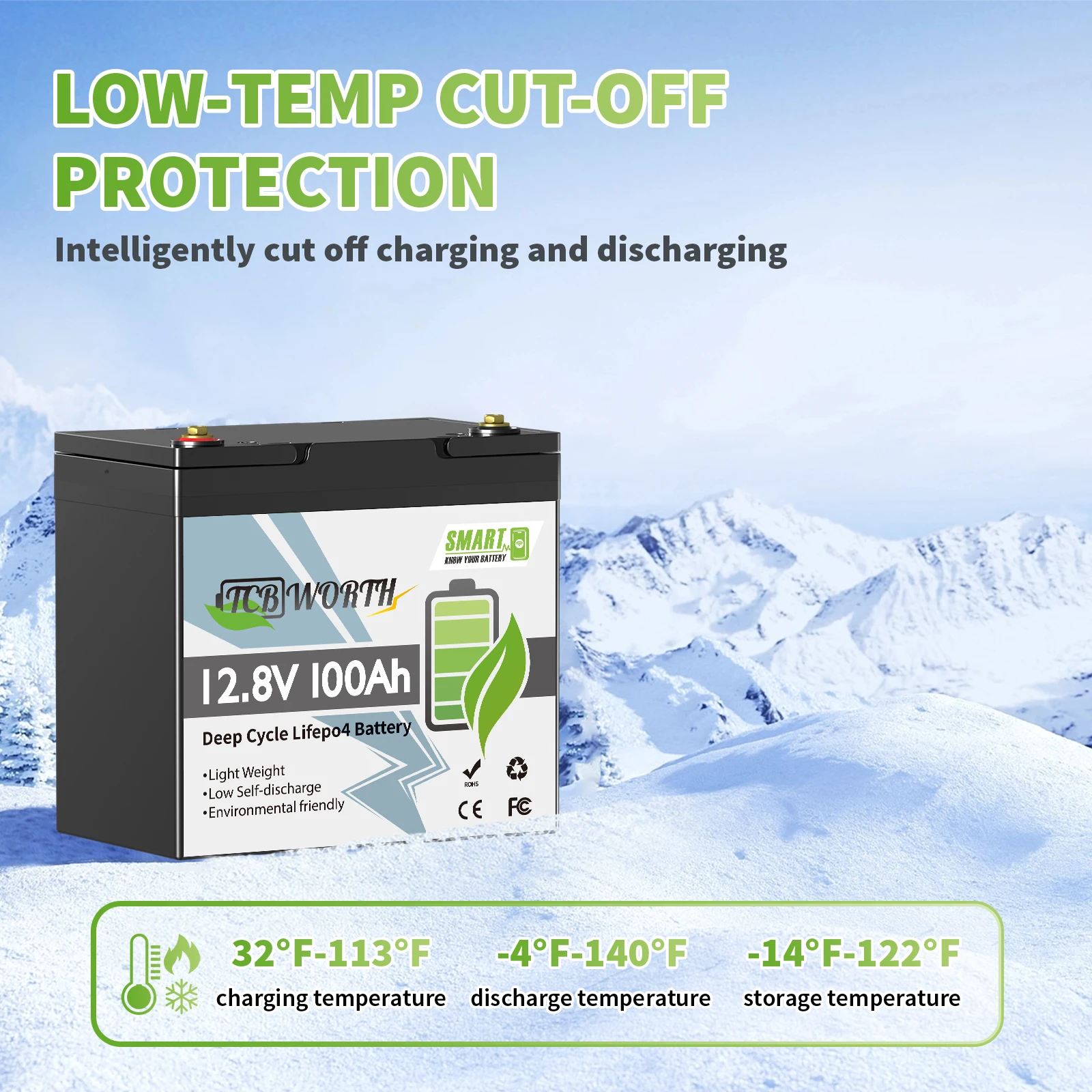 TCBWORTH 12V 100Ah Lifepo4-Batterie mit integriertem 100A BMS, Lithiumzellen der Klasse A für tiefe Entladezyklen, für Wohnmobile, Trolling-Motoren, Marine, 4er-Pack – Detail 7