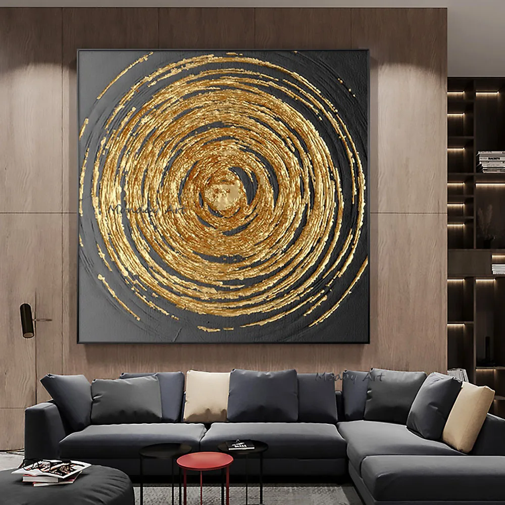 

Minimalist Golden Circle Oil Painting on Canvas, Abstract Original Gold Leaf Texture Acrylic Painting Large Room Home Decor