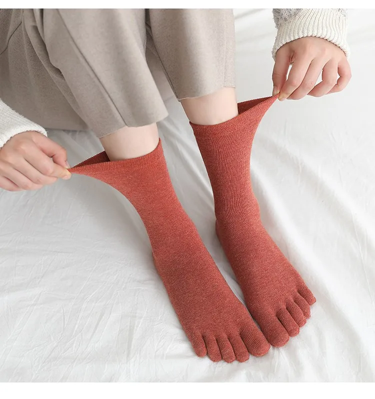 Women's pure cotton socks spring and summer solid color cute toe socks five-toed long socks breathable Five-fingered socks