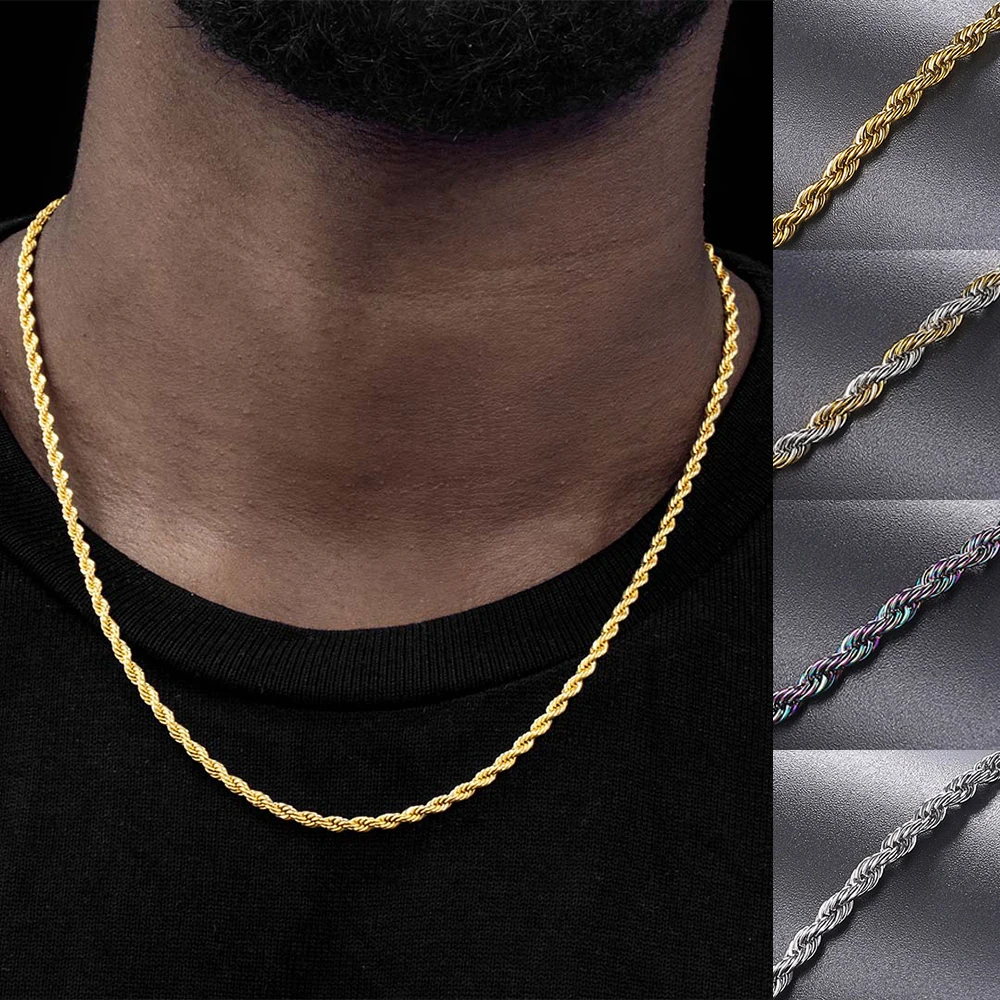 Twist Rope Chain Necklace Men Stainless Steel Ropes Long Necklace Minimalist 3mm 60cm