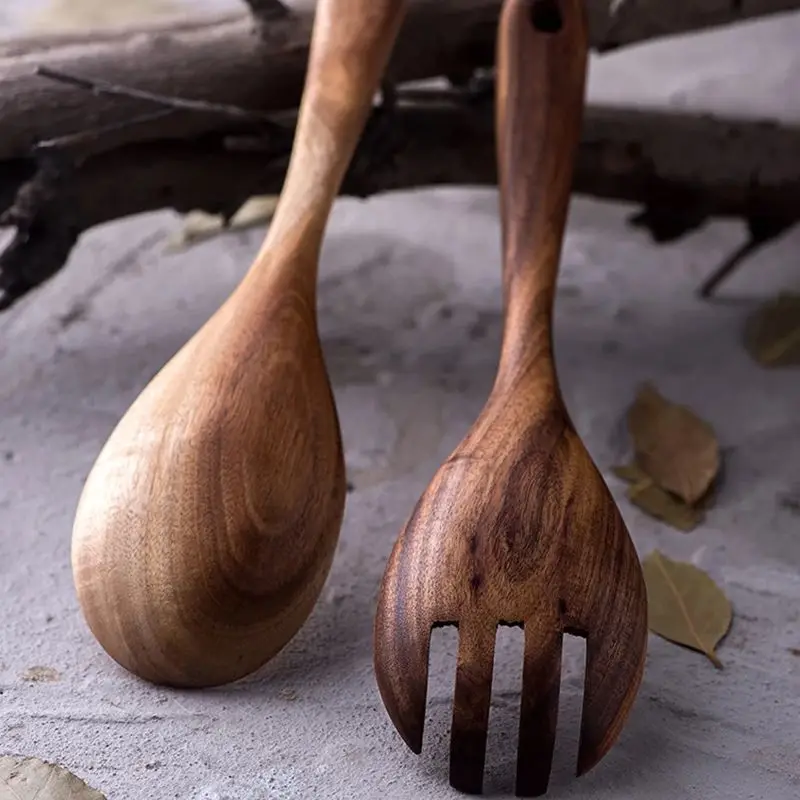 Wooden Spoon Wooden Cooking Spoon Wooden Spoon Set Large Salad Dinner Serving Spoons Server Wood Fork Spoon Cutlery Set Wooden Utensils Tableware