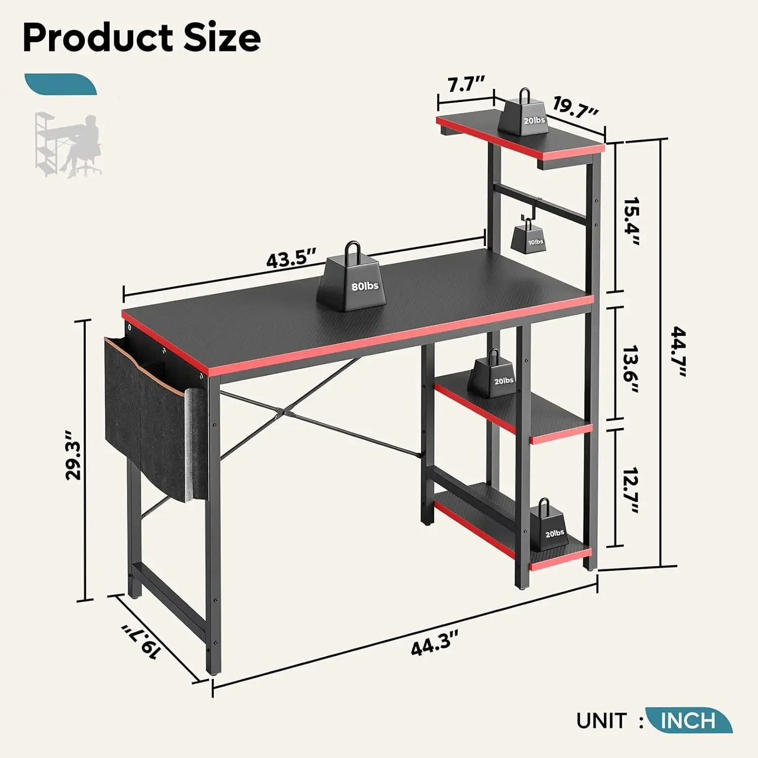 Gaming Desk with LED Lights, 44 Inch PC Gamer Desk for Small Spaces, Computer Desk with Reversible Storage Shelves 2