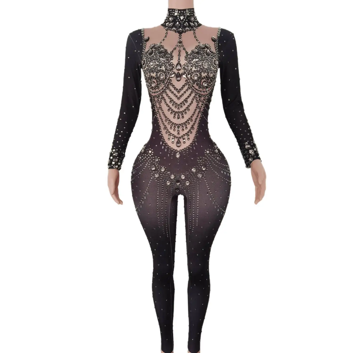 

Nightclub Party Stage Wear Performance Costumes Sexy Stage Black Color Jumpsuit Black Glass Sparkling Crystals Bodysuit