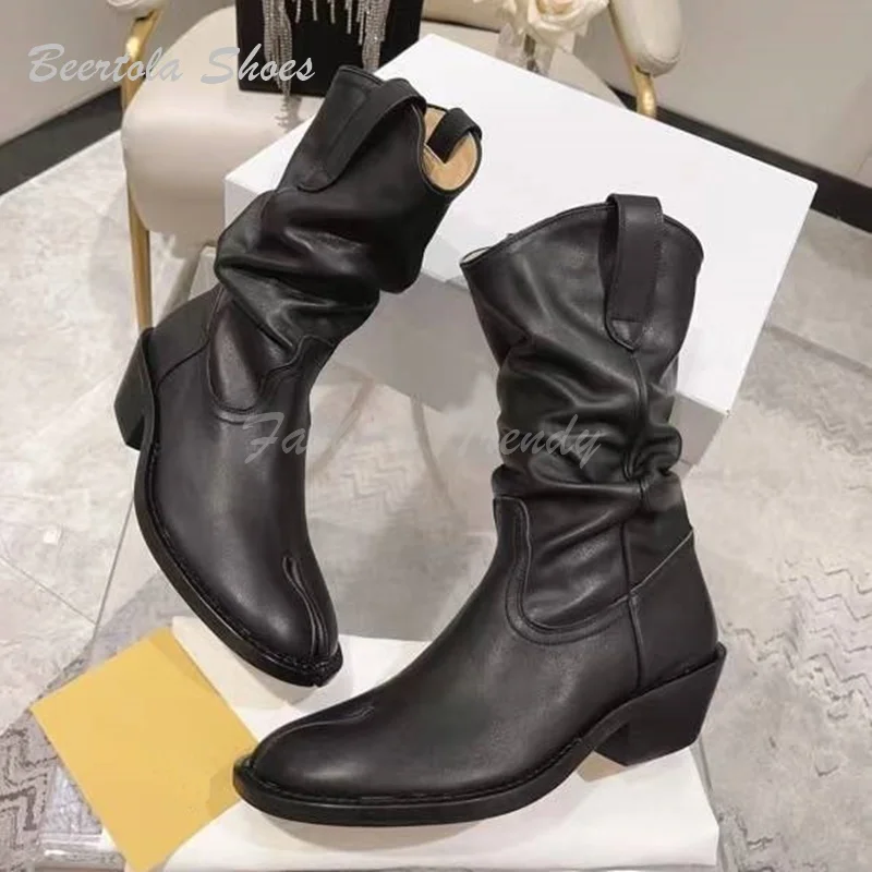 

Women Black Leather Brown Suede Tabi Booties Casual Low Heel Crystal Pleated Velvet Ankle Calf Boots Winter Office Fashion Shoes