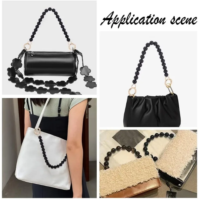 2pcs 11.8" Imitation Pearl Bead Purse Chains, 12mm Black Pearl Bag Chain Replacement with Golden Clasps Short Bag Chains