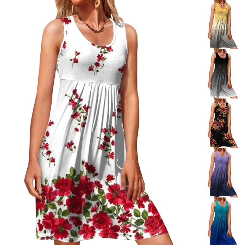

Womens Summer Sleeveless Casual T Shirt Floral Print High Waist Dress A-Line Round Neck Dress P8DB