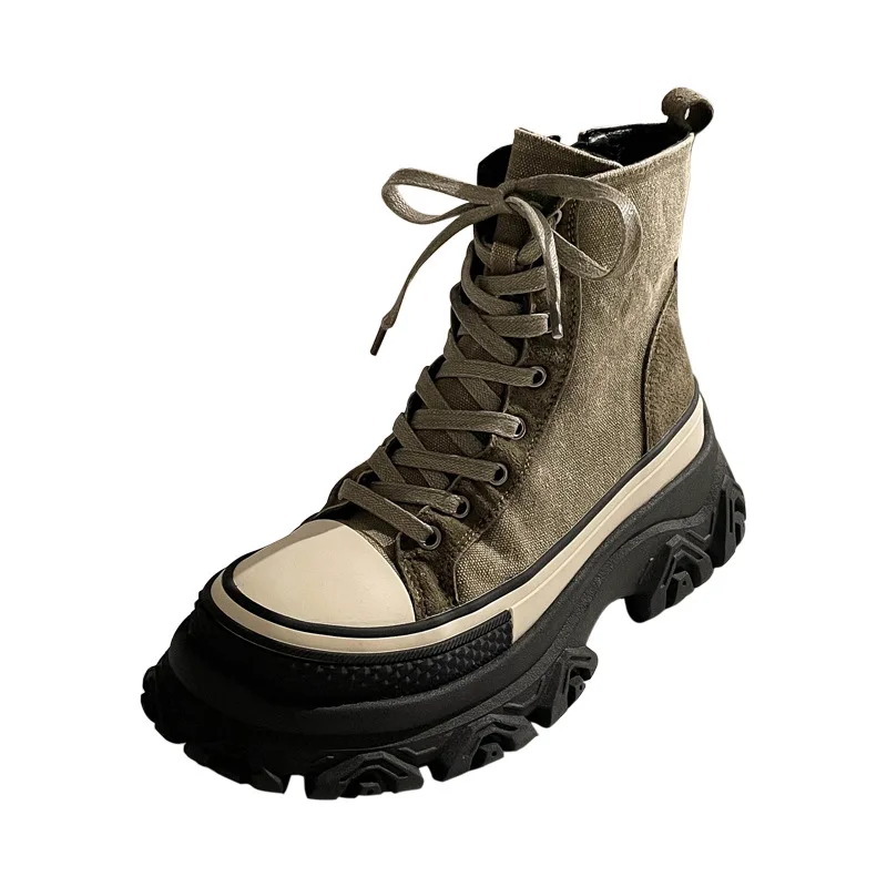 

Dropshipping Brand Design High Top Denim Canvas Shoes New Lace-Up Zipper Motorcycle Boots Platform Height Women's Booties