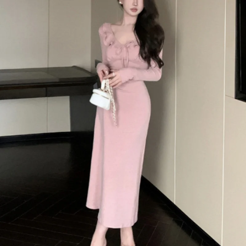 Women Dress y2k Clothes Solid Color Ruffle Tie Up V Neck Long Sleeve Bodycon Long Dresses Party Dresses Streetwear