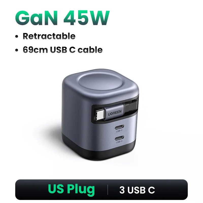45W GaN Retractable Wall Charger With USB C Cable - Fast PD QC Charging For IPhone, Galaxy, MacBook