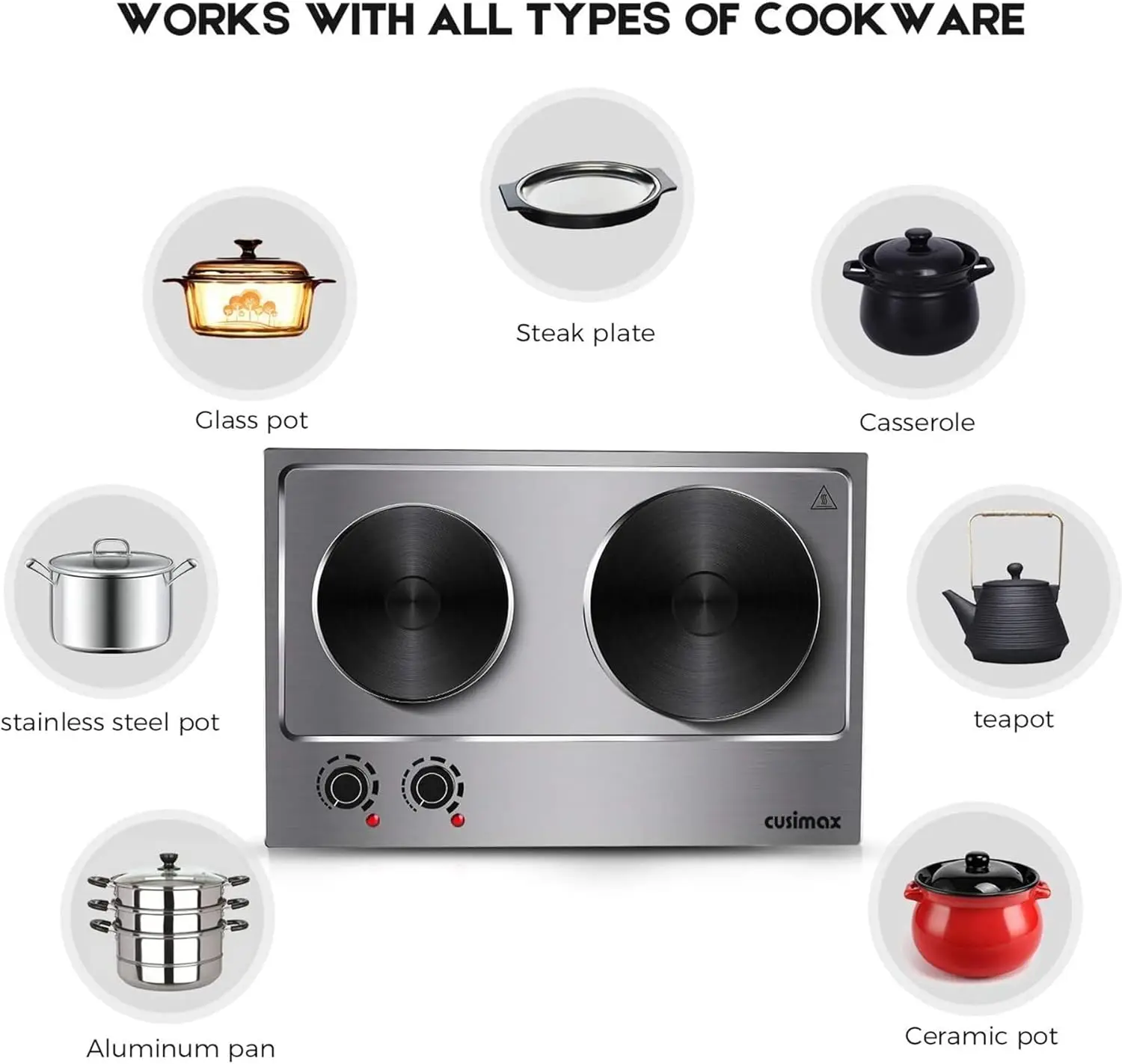 1800W Double Hot Plate, Stainless Steel Silver Countertop Burner Portable Electric Double Burners Electric Cast Iron Hot 2