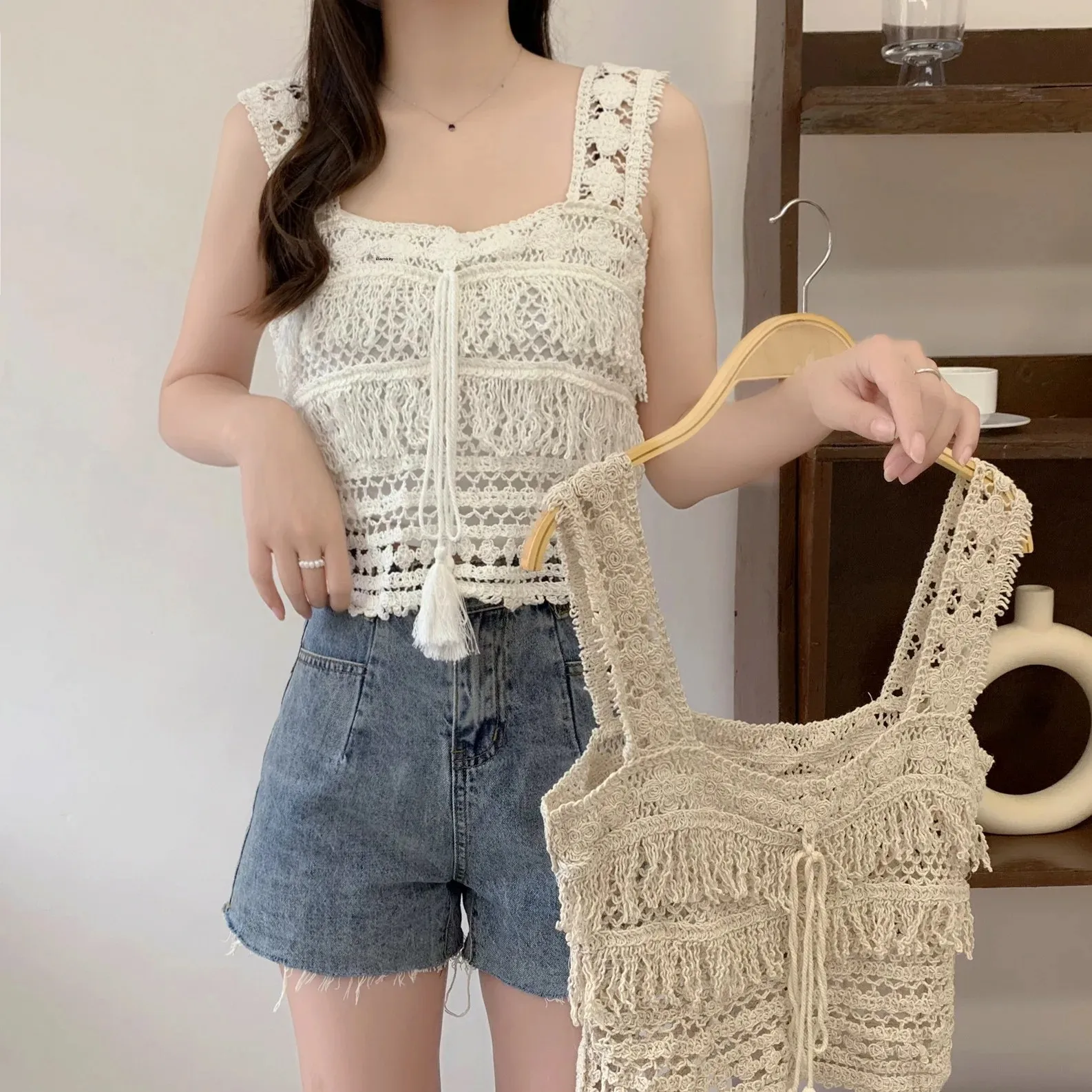 New Summer Korean Style Hollow Out Hook Fringed Design Sensibility Outerwear Sleeveless Shoulder Vest Beautiful Back Top