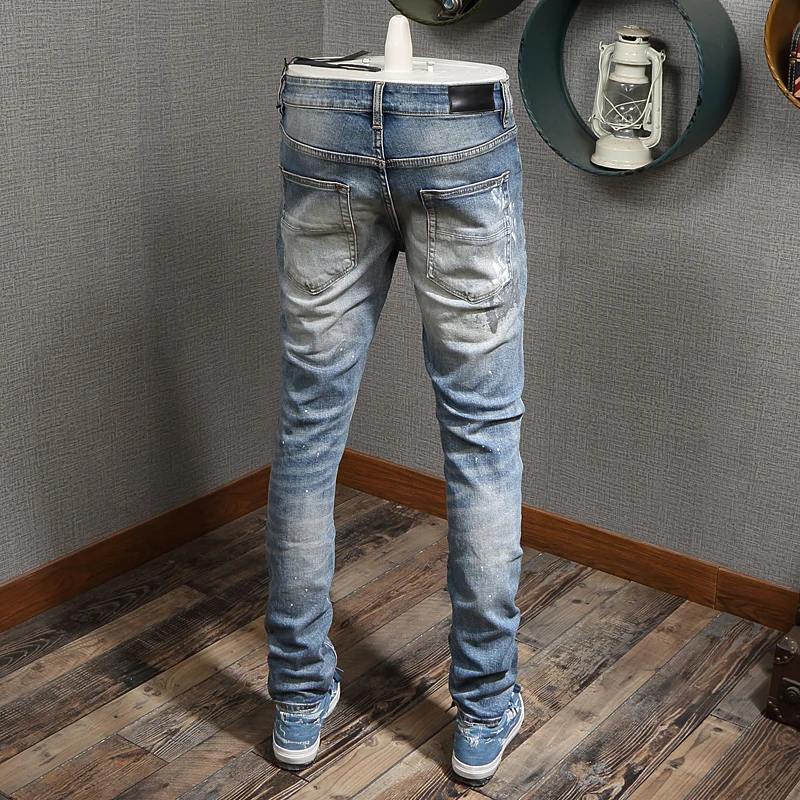 Street Fashion Men Jeans Retro Blue Elastic Painted Skinny Ripped Jeans Men Beading Patched Designer Hip Hop Brand Pants Hombre