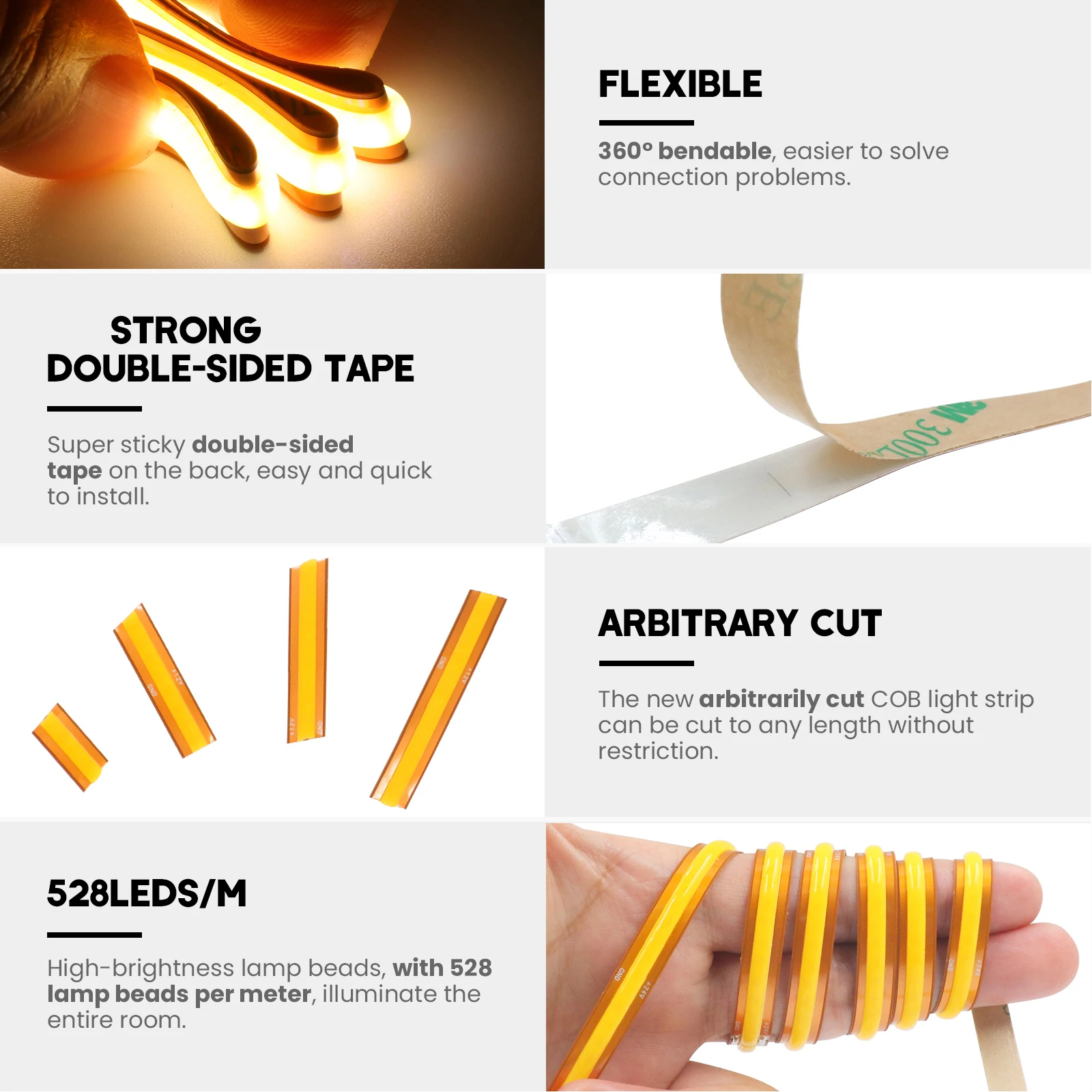 12V 24V 8mm COB LED 스트립 자유 절단 528LEDs/m 구리 플렉시블 테이프 3000K 4000K 6000K DIY 라이트박스 캐비닛 램프용 선형 조명