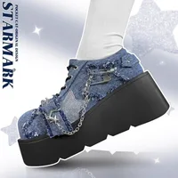 2024 New Y2K Star Print Chunky Platform Ankle Boots Women Metal Chain Blue Denim Boots Woman Cute Thick Bottom Jk Lolita Shoes 2