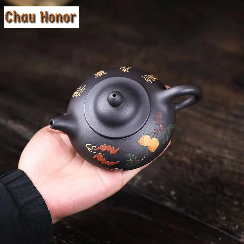 220ml Classic Yixing Purple Clay Teapots Handmade Longevity Peach Pot Raw Ore Black Mud Tea Soaking Kettle Chinese Zisha Tea Set