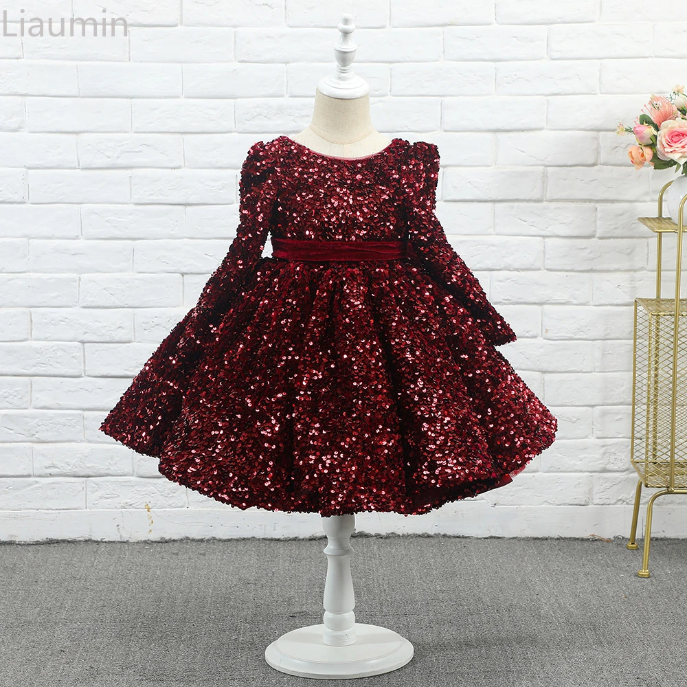 

Sequin Burgundy Baby Flower Girl Dress Velvet Full Sleeves Knee Length Skirt For Kids Bow Puffy First Communion Gowns Hand Made