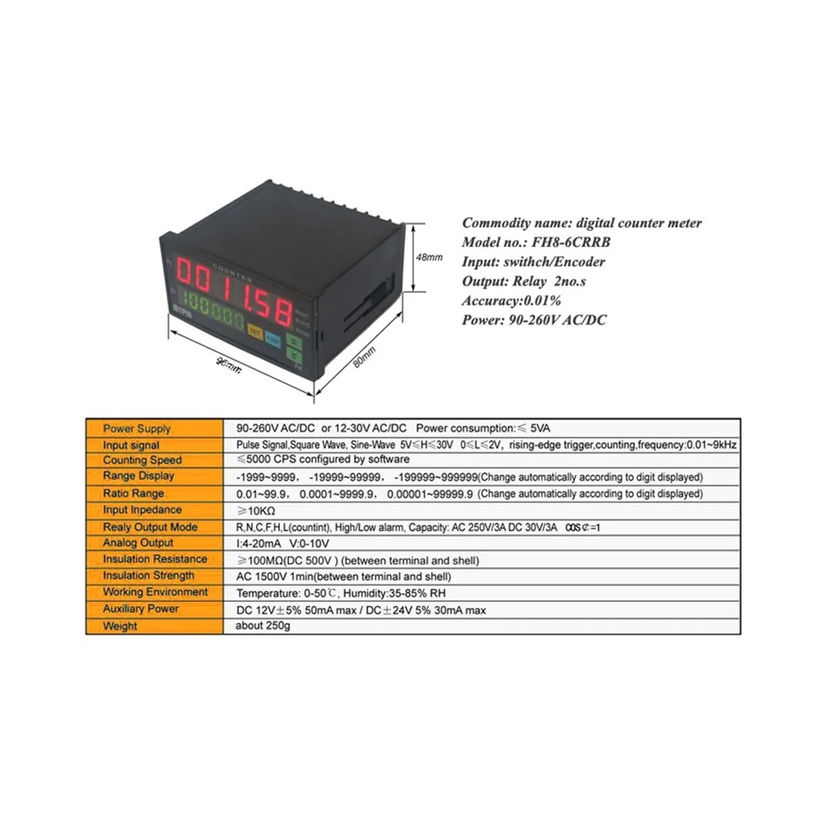 Mypin FH8-6CRRB Dual Display Digital Counter 6 Digits Light-Emitting Diode AC/DC Length Meter Black digital counter
