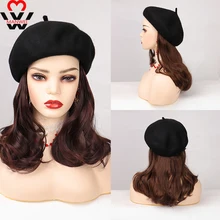 

MANWEI Synthetic Hair Short Curly Hat Wigs For Women with Black Beret Naturally Connect False Hair Girl Beautiful Fashion