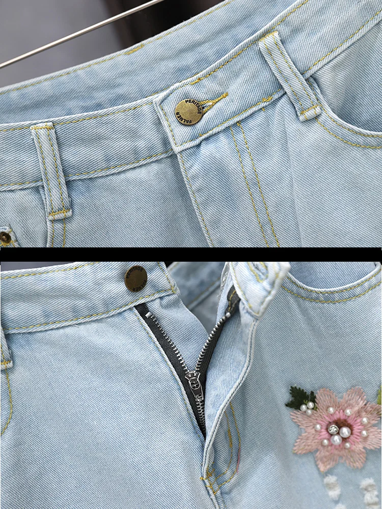 2025 New Summer High Waist Embroidered Piercing Jeans Female Fashionable and Skinny Appearance Haren Nine cropped Pants 3