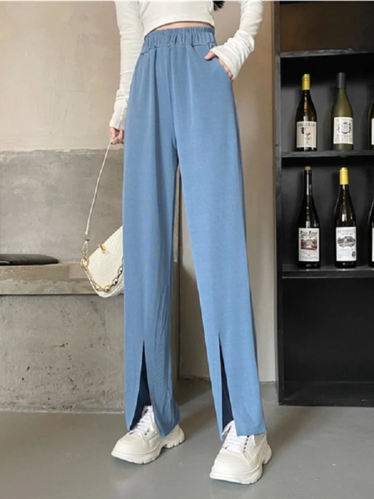 Front Slit High Waist Drape Wide Leg Pants Women's Four Seasons Thin Loose  Straight Casual Pants Hot Pants Joggers Women