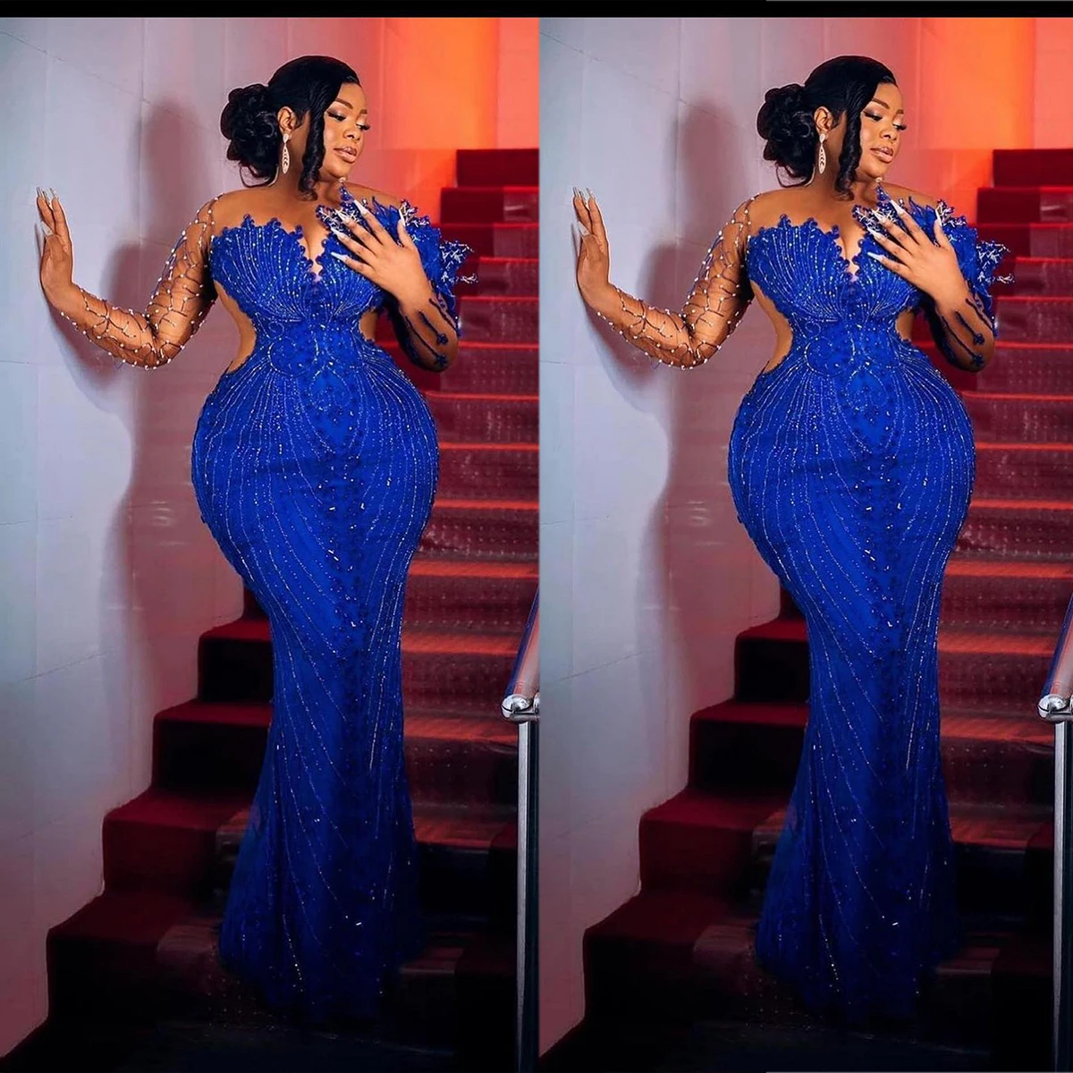 

Plus Size Blue Prom Dresses Sheer V Neck Long Sleeve Evening Party Dress Lace Beaded Gowns Custom Made