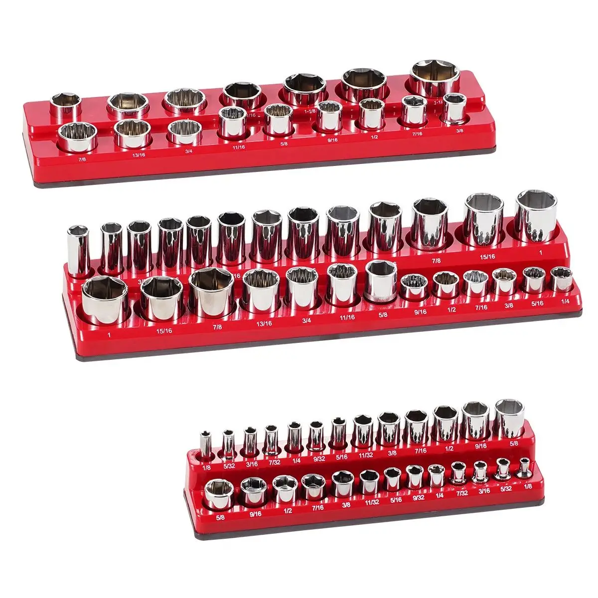SucceBuy 3PCS Red Magnetic Socket Organizer Set 3/8'' 1/4'' 1/2'' SAE Socket Trays up to 68PCS Standard & Deep Sockets for Tools