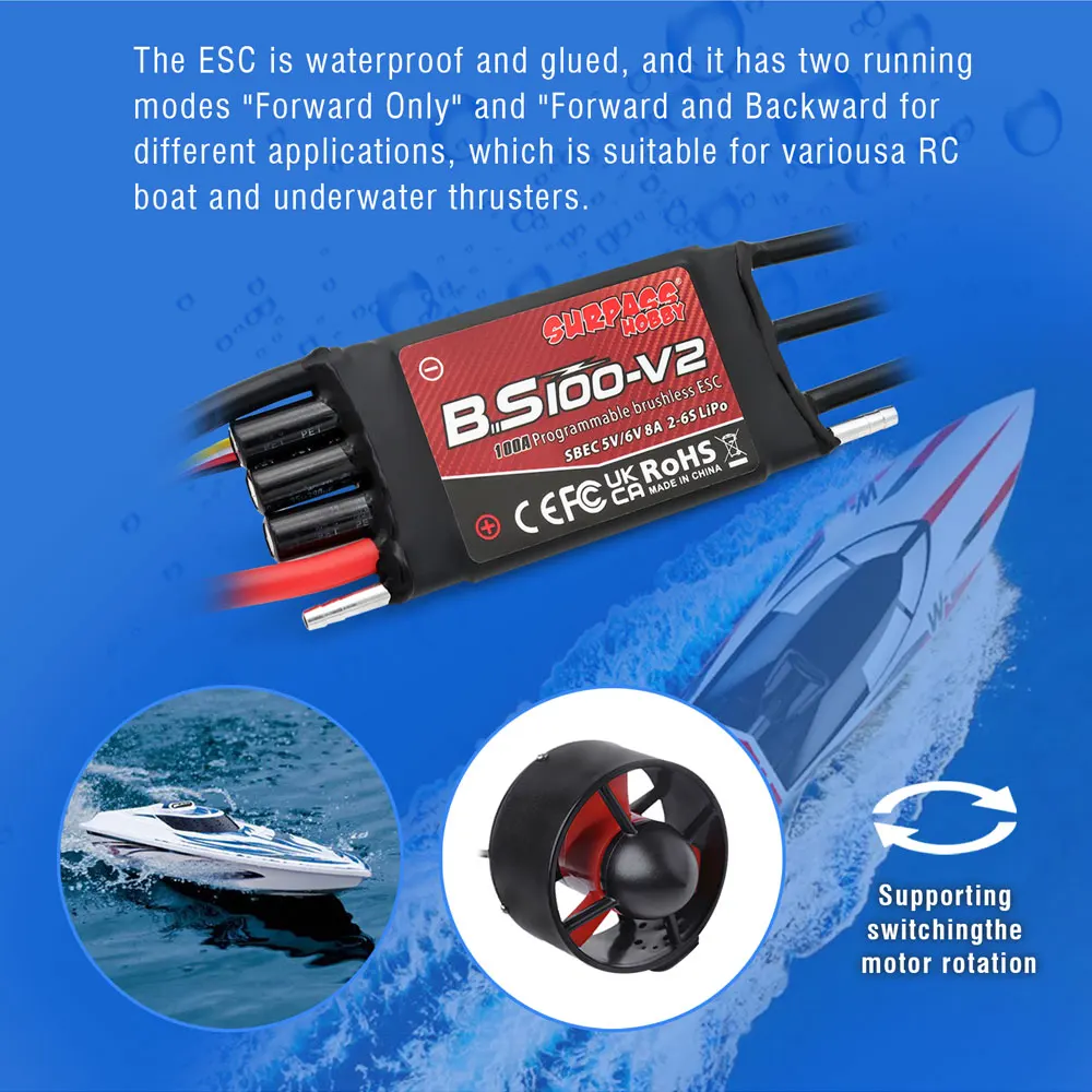 SURPASS HOBBY Brushless ESC V2 2-6S 40A-100A for RC Ship Boat Pneumatic Underwater Propeller with Ubec XT60 Plug Boat ESC