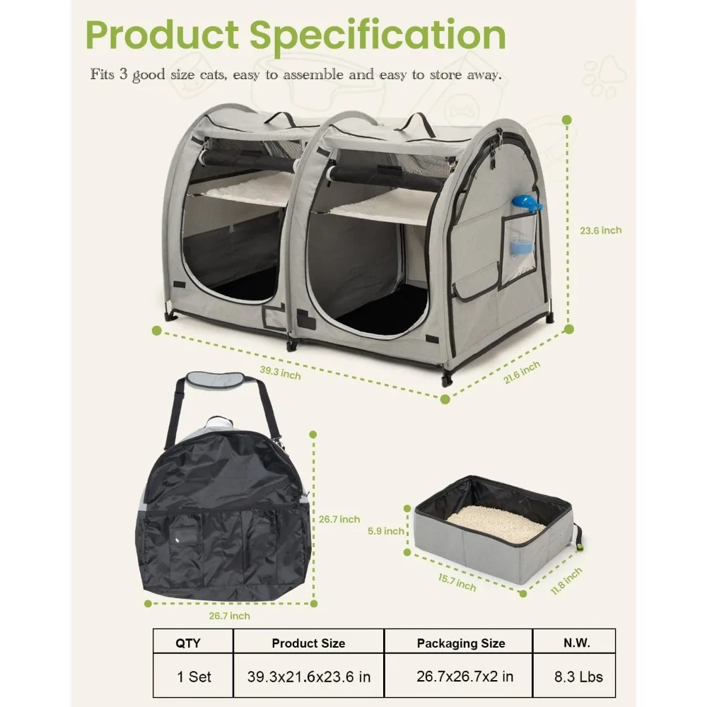 Portable Dual-Section Cat Enclosure with Travel Carrier, Cozy Dog Crate with Carry Bag, 2 Hammocks and Mats & Collapsible
