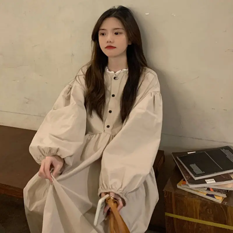 New Korean style fluffy sleeve dress Super Fairy Academy style small fresh loose fitting mid length A-line skirt