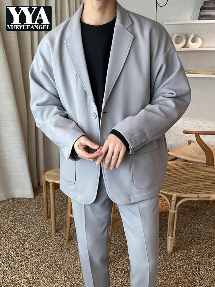 

Men Casual Blazer Set Solid Color Single Breasted Loose Suit Jacket Pants Two Pieces Set Autumn New Formal Coat Male M-2XL