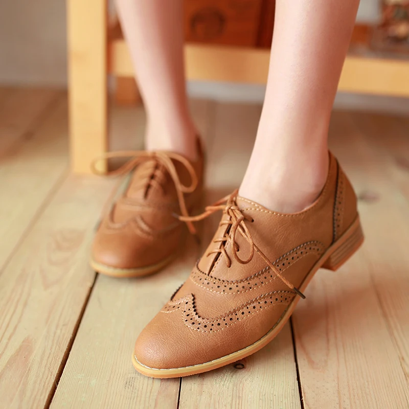 Vintage Flats Women Oxfords Black Beige PU Round Toe Low Square Heel Brogues Casual Office Party Lace Up Ladies Dress Shoes women oxford shoes,leather mary jane shoes