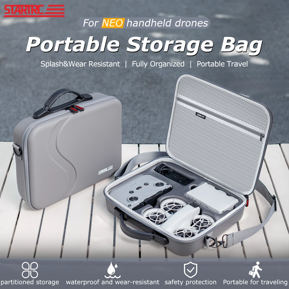 Draagtas voor DJI Neo 2 Fly More Combo, draagbare harde PU reistas voor DJI Neo 2 drone, RC-N3 afstandsbediening, batterijen, oplaadstation en accessoires, Grijs, Eenvoudig