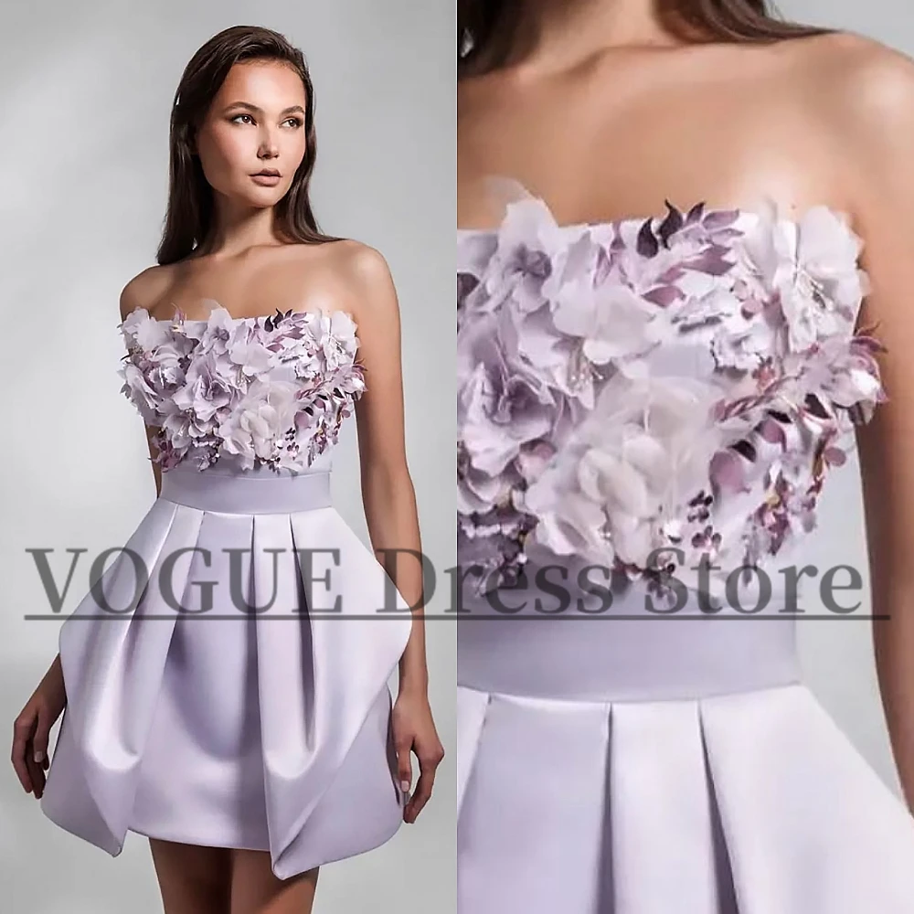 

VD Classic Short Light Purple Satin Homecoming Dresses with Florals Strapless Cocktail Dress for Women A-Line vestido de gala