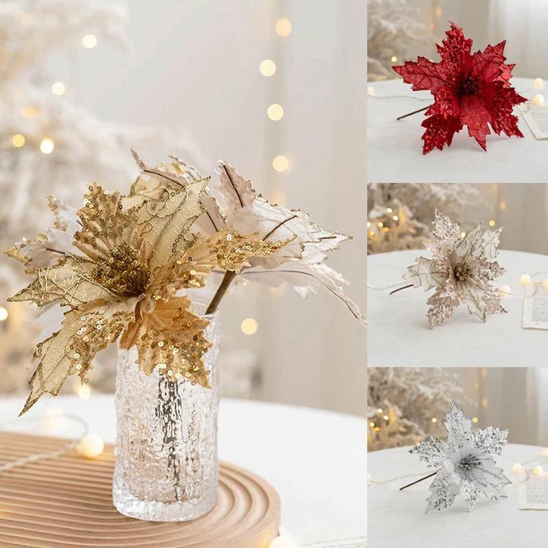 1PC Glitter Artificial Christmas Flowers Christmas Tree Decorations