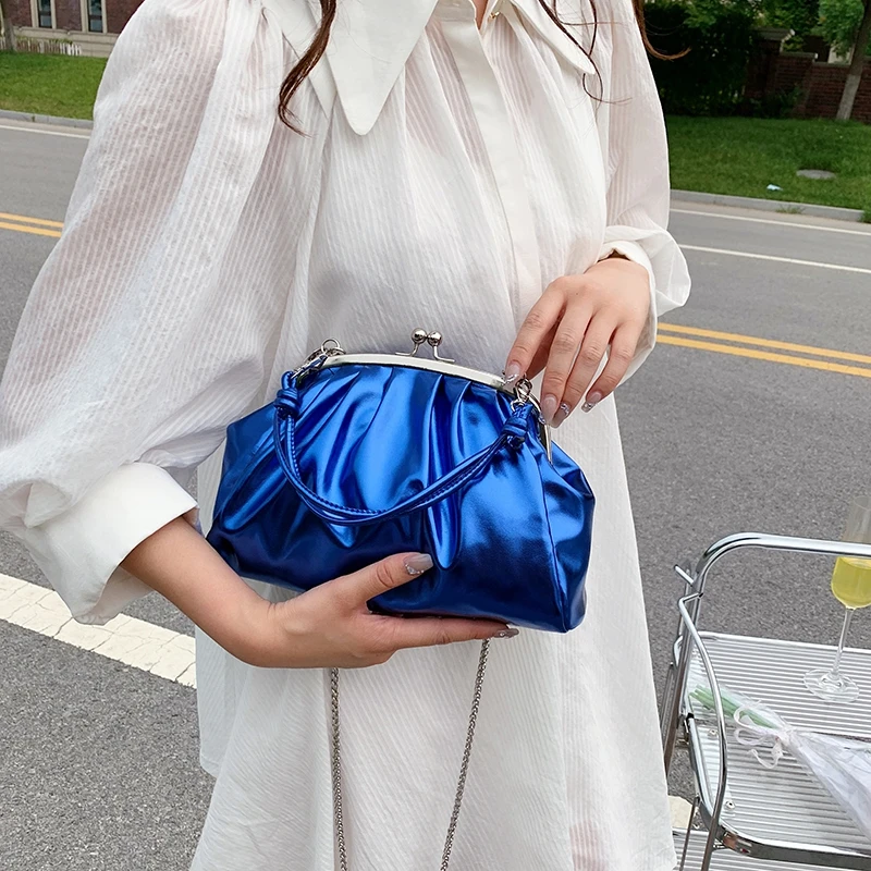 Women Handbag Pleated Leather Shoulder Bag Clip Crossbody Bag Purse
