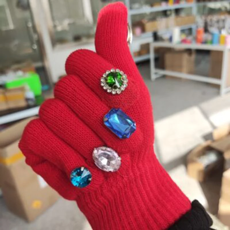Winter Creative DIY Finger Thickened Warm Manicure Gloves Women Knitted Mittens Shiny Rhinestone Colored Diamond Gloves
