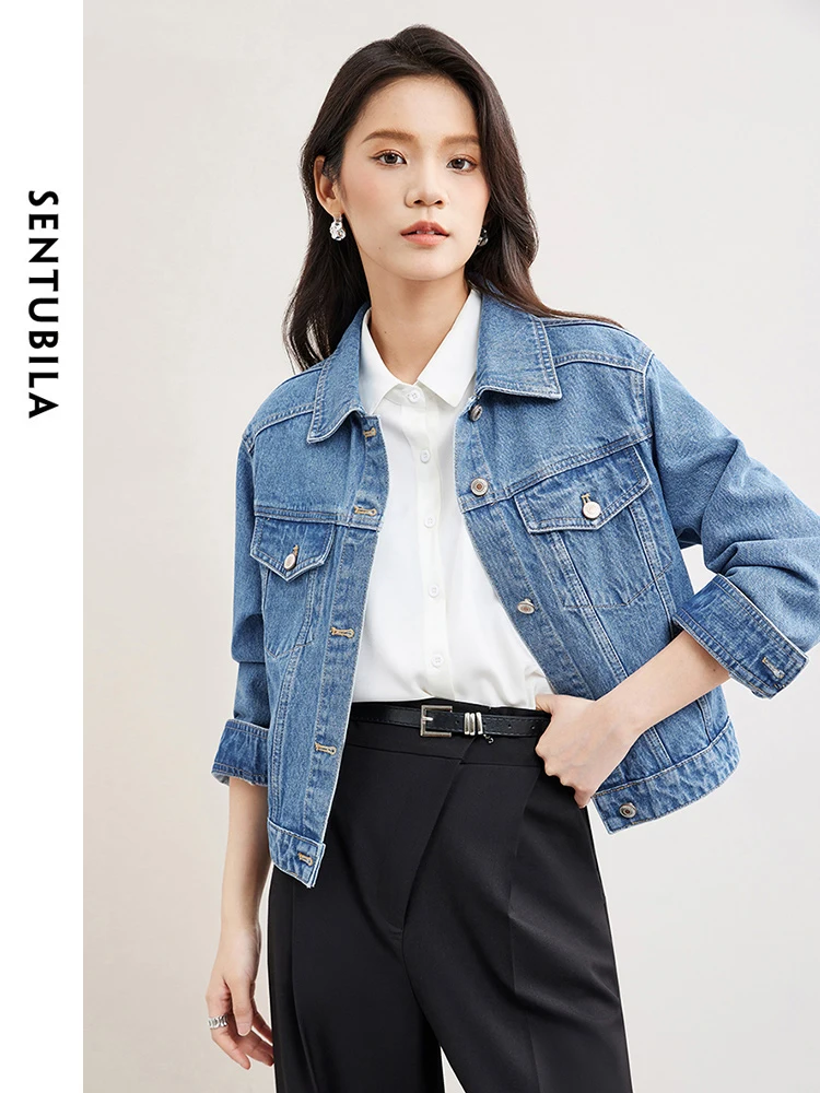 

SENTUBILA Casual Cotton 100% Washed Lapel Cropped Denim Jacket 2024 Spring Fashion Loose Long Sleeve Jeans Coat Woman W41W53399