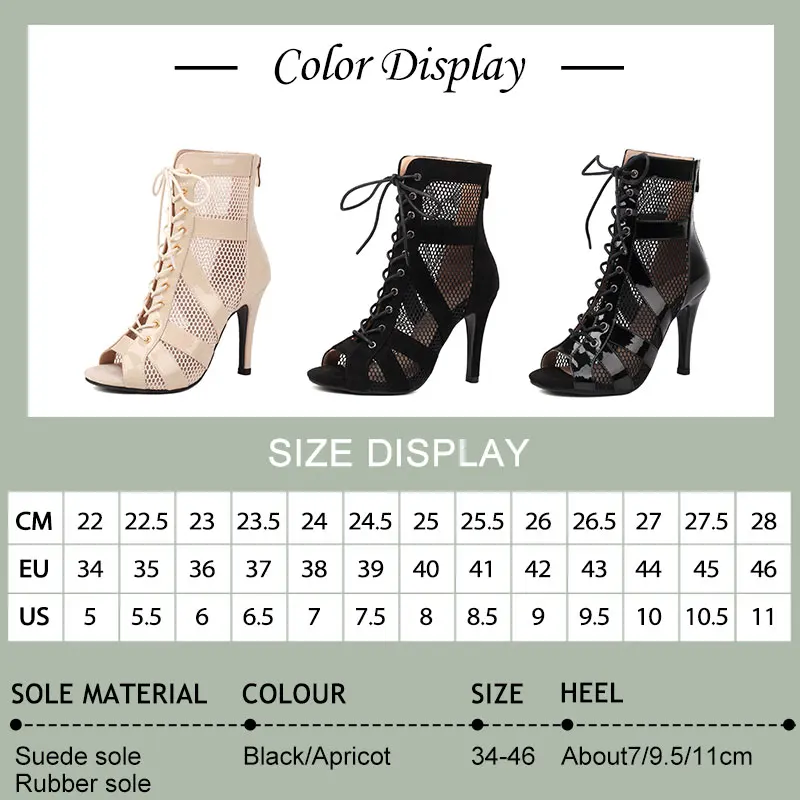 Dance Shoes Women Latin Dance Shoes Black High Heels Ballroom Salsa Dance Shoes Sandals Mesh Boots Woman Thin Heels Plus Size 34-46