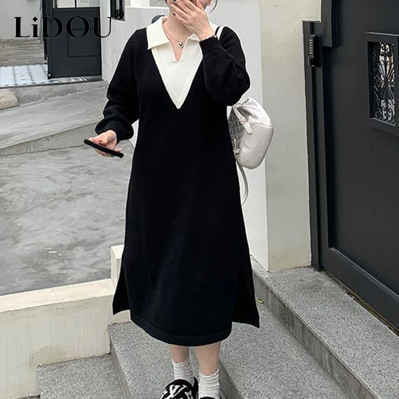 

Autumn Winter New Contrast Color Fashion Long Sleeve Knitted Dress Women High Street Casual Youth Elegant All-match Midi Dresses