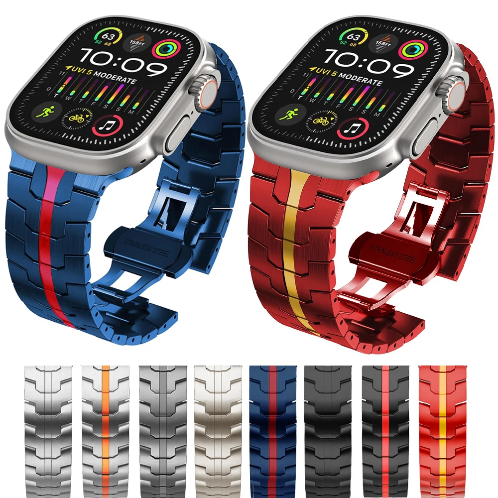 애플 워치용 금속 스테인리스 스틸 스트랩, Ulrta1 2 벤드 메탈 다리미 맨 스트랩, IWatch 시리즈 8, 7, 6, 5, 4, 3 SE, 49mm, 45mm