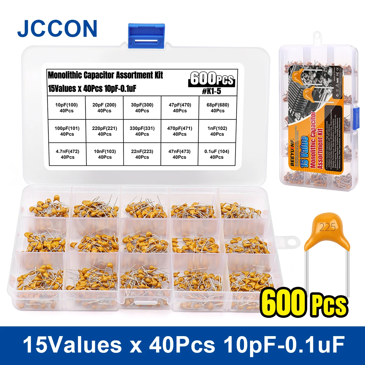 600pcs Jccon Ceramic Capacitor Kit 10pf0.1uf 1nf 4.7nf 10nf 22nf 47nf