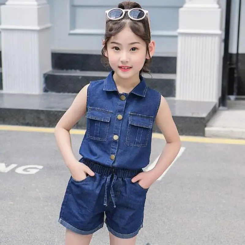 

Girls Clothing Sets Summer Fashion Lapel Sleeveless Tops and Shorts Sets Teen Kids Clothes Suit Children Denim Girls Tracksuit