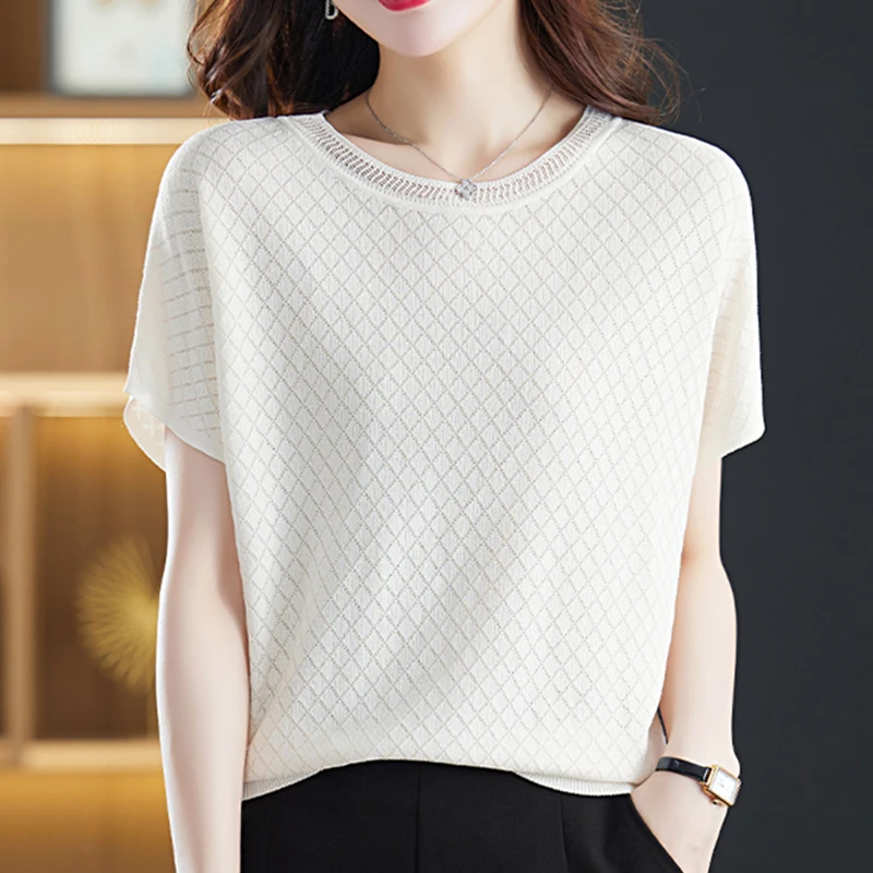 

2023 Hollow Out Tees Ice Silk Short Sleeve T Shirt Women Knitwear Summer O Neck Knitted Tops Female Loose Thin White Tshirts
