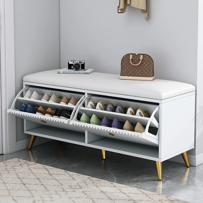 Best Quality White Shoe Cabinet Storage Rustic Wooden Tipping Bucket Shoe Cabinet With Stool