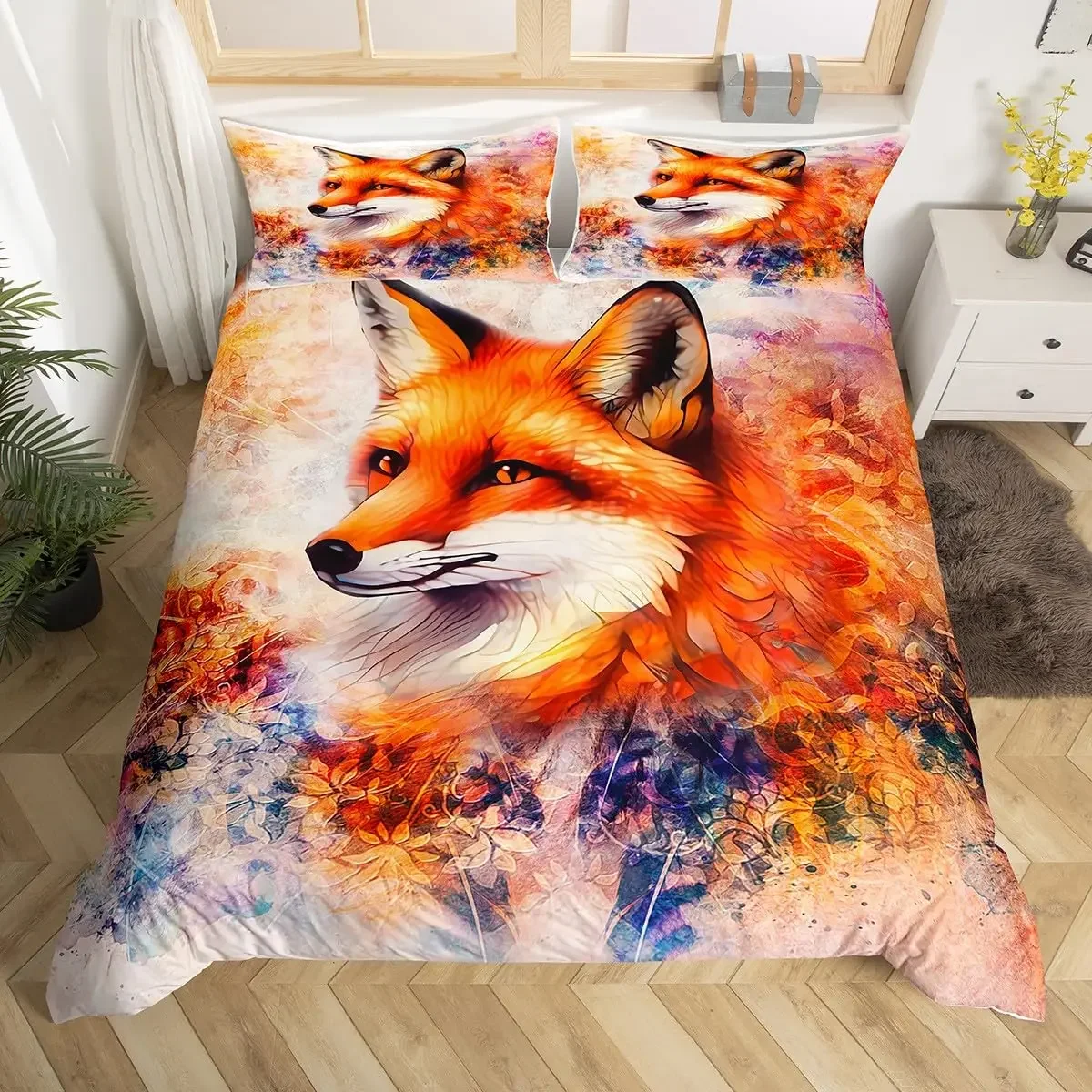 Kids Fox Bedding Set Toddler Natural Floral Comforter Cover Set for Boys Girls Blossom Flowers Pattern Duvet Cover