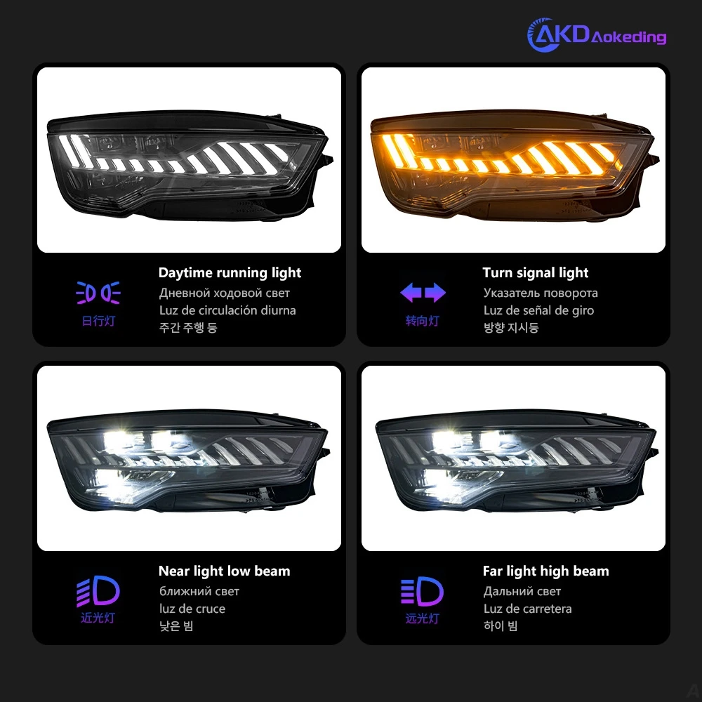 AKD 자동차 액세서리 헤드 램프, 아우디 A7 헤드라이트 2011-2017 RS7 LED 헤드라이트 DRL 다이나믹 싱글 하이 로우 빔