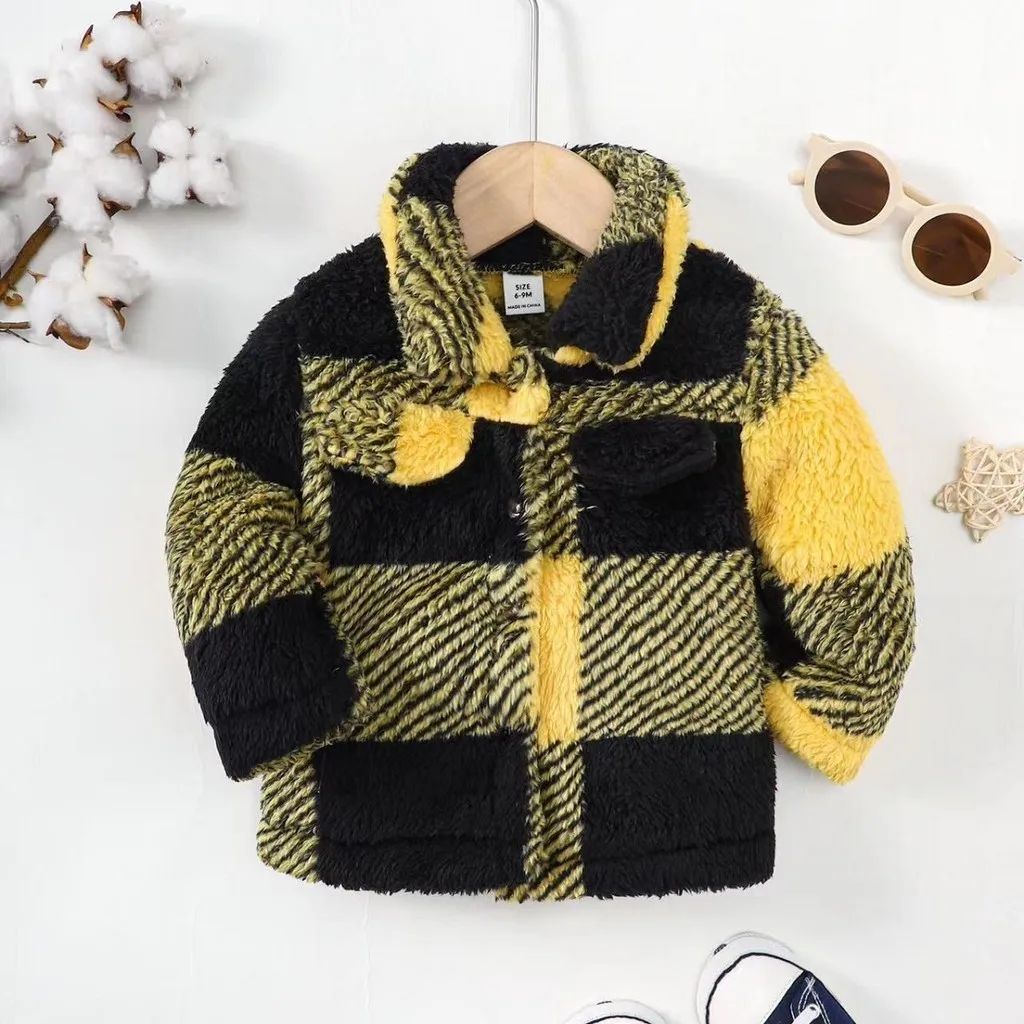 Toddler Baby Boys&Girl Warm Plush Long Sleeved Jackets in Winter Plaid Coat Button Cardigan Fashion Baby Clothes 0-3 Years