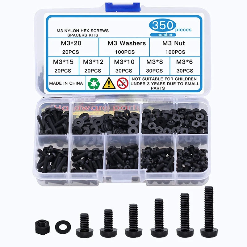 

350PCS M3 Black Nylon Plastic Phillips Pan Head Cross Round Screw Bolt Set Machine Screw with Flat Washer Nut Assortment Kit