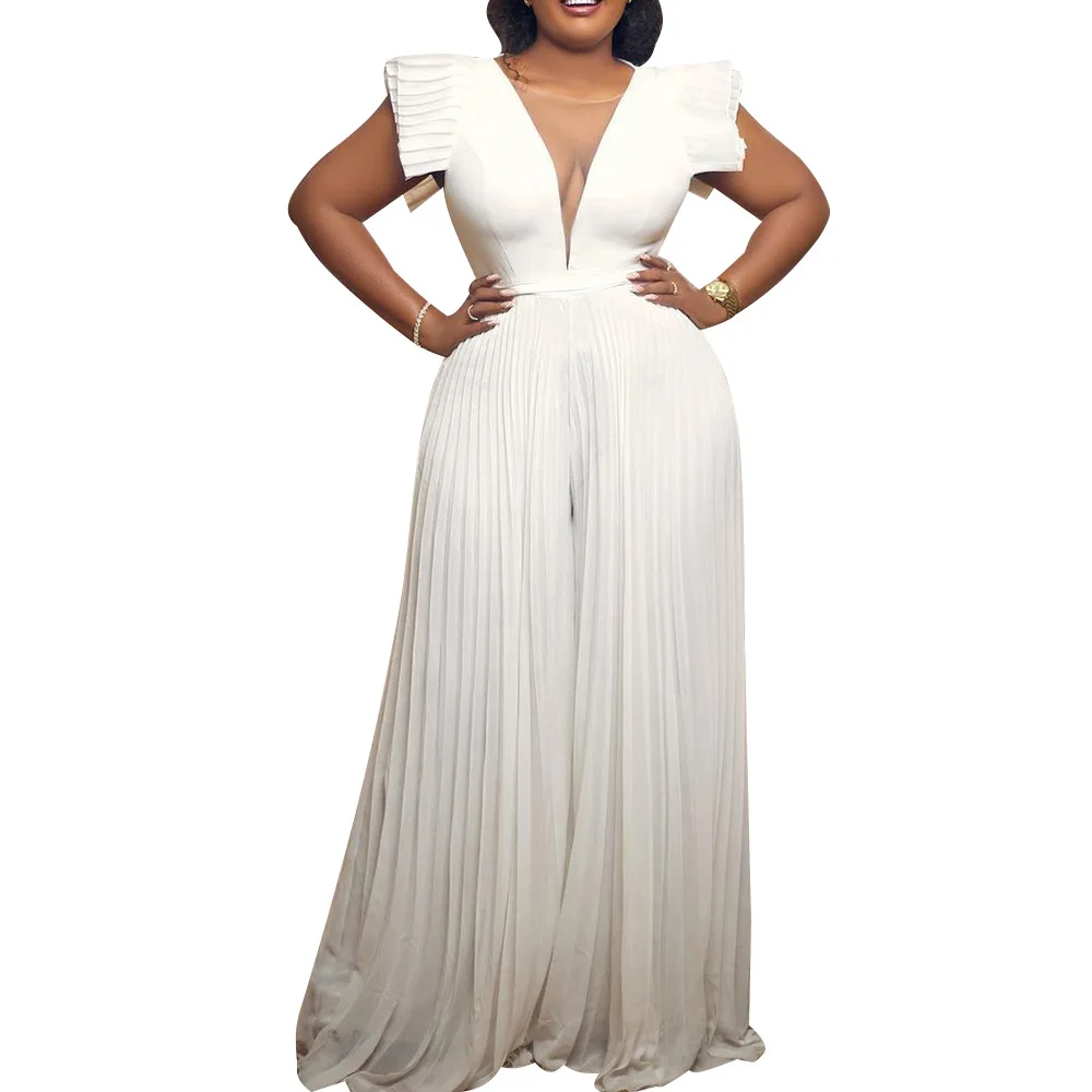 Plus Size Women Jumpsuit Mesh V Neck One Piece Outfits 2023 Summer Elegant Jumpsuit Luxury Fashion Cloth Female Designer Pants